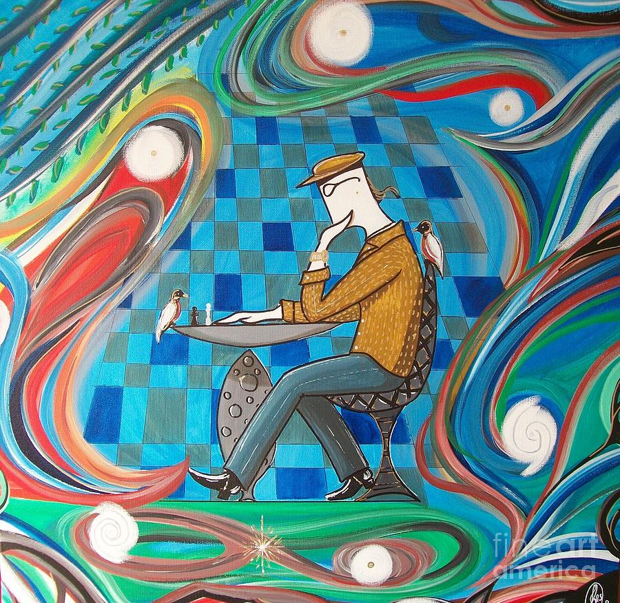 man-sitting-in-chair-contemplating-chess-with-a-bird-john-lyes