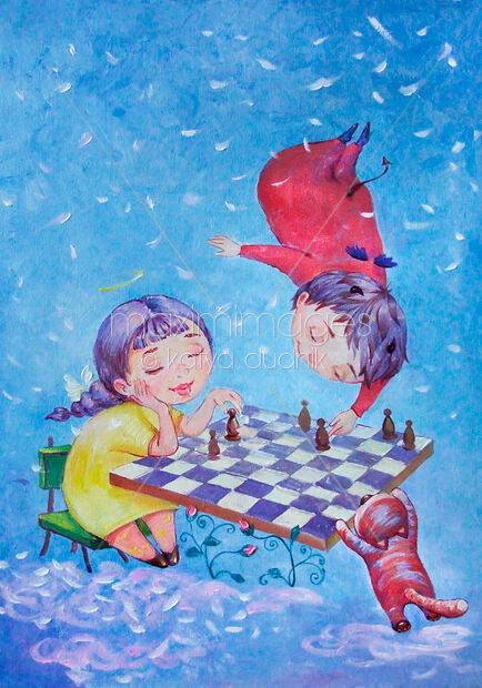 two-cute-children-an-angel-girl-and-a-devil-boy-playing-chess-in-heaven-MXI33198