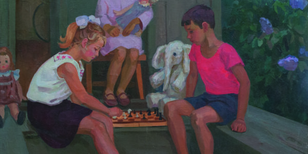 a painting of children playing chess