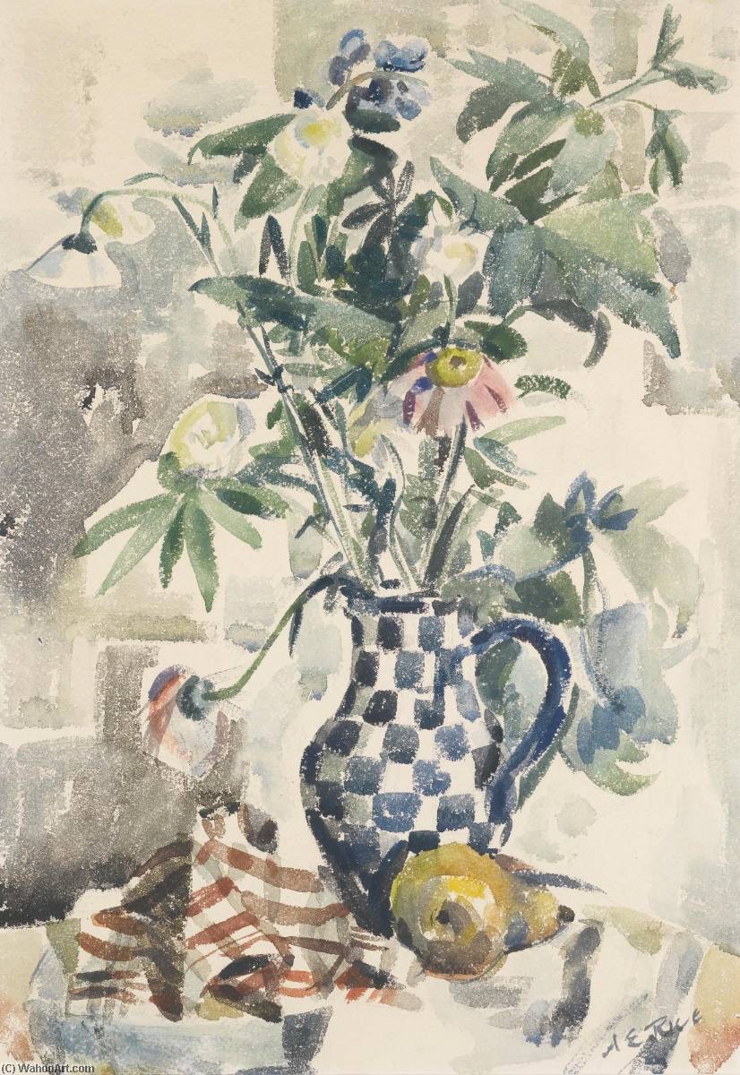 Anne-Estelle-Rice-Still-Life-of-Blue-and-White-Chequered-Vase