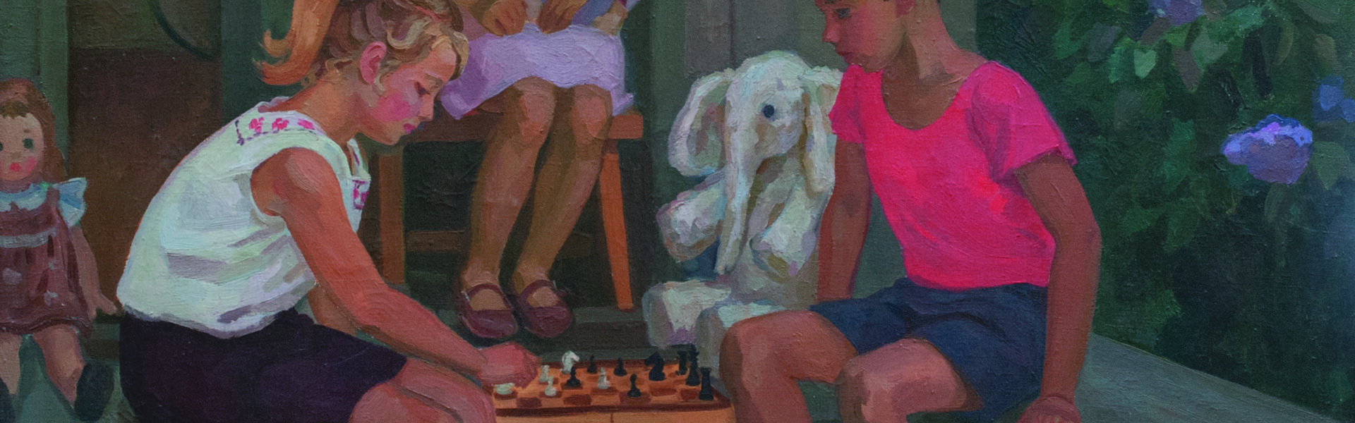 a painting of children playing chess