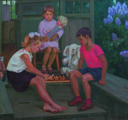 a painting of children playing chess